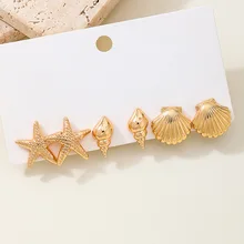 Tropical Paradise Vacation Mode Beach Simple Design Metal Summer Starfish Shell Conch Trio Earrings 3 Pairs for Women's Holiday