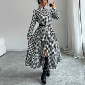 2025 Autumn New Women's Fashion Plaid Cardigan Dress Loose Patchwork Casual Dress
