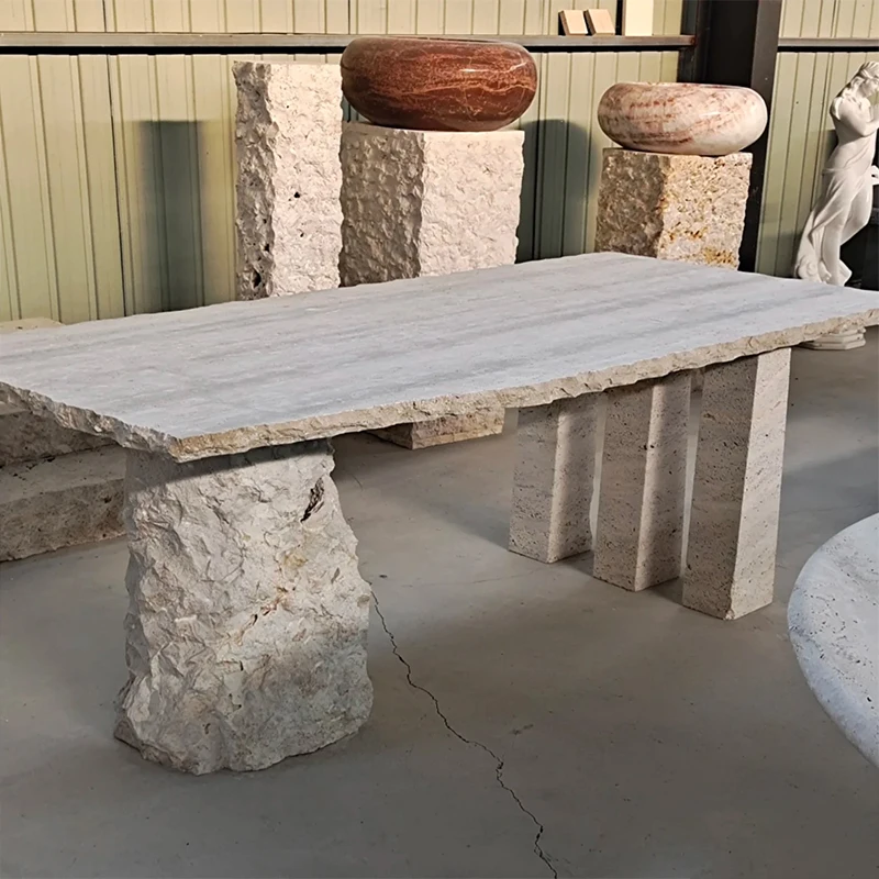 Meja Kopi dan Meja Makan Minimalis Modern Berbahan Batu Alam Myra Beige Travertine untuk Ruang Tamu dan Area Makan