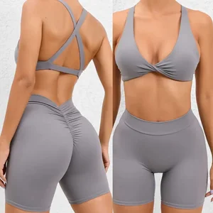 Backless Twist Sport Bra for Women Deep V Shape Back Scrunch Butt Tight Booty Lifting Ribbed Yoga Pants Leggings Shorts Yoga Set