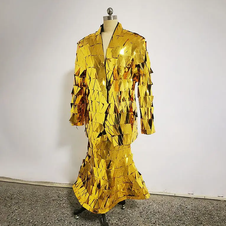 golden mirror dress GOLD BEADED LONG MIRROR DRESS WITH SLEEVES