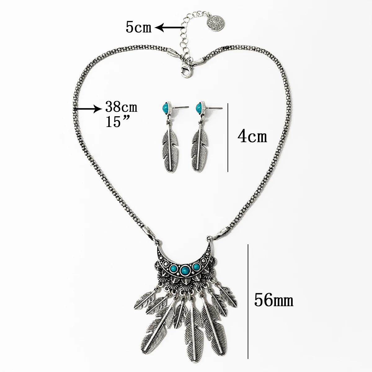 product factory jewelry wholesale retro leaf stone drop silver plated pendant necklace earrings jewelry set for women-1