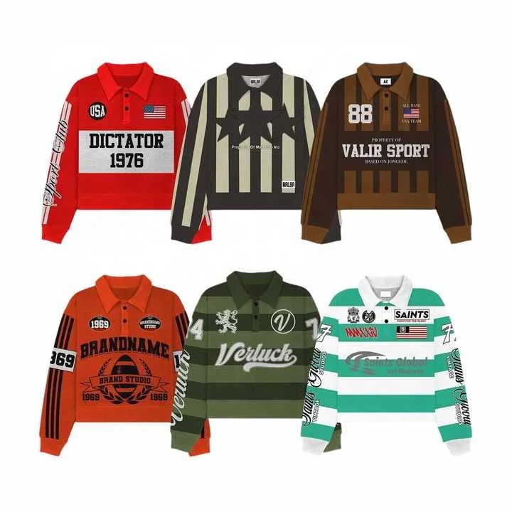 Salati Custom High Quality Logo Button up Printed Cotton Collar Sweat Stripe Vintage Long Sleeve Rugby T Shirt Men's Polo Shirts