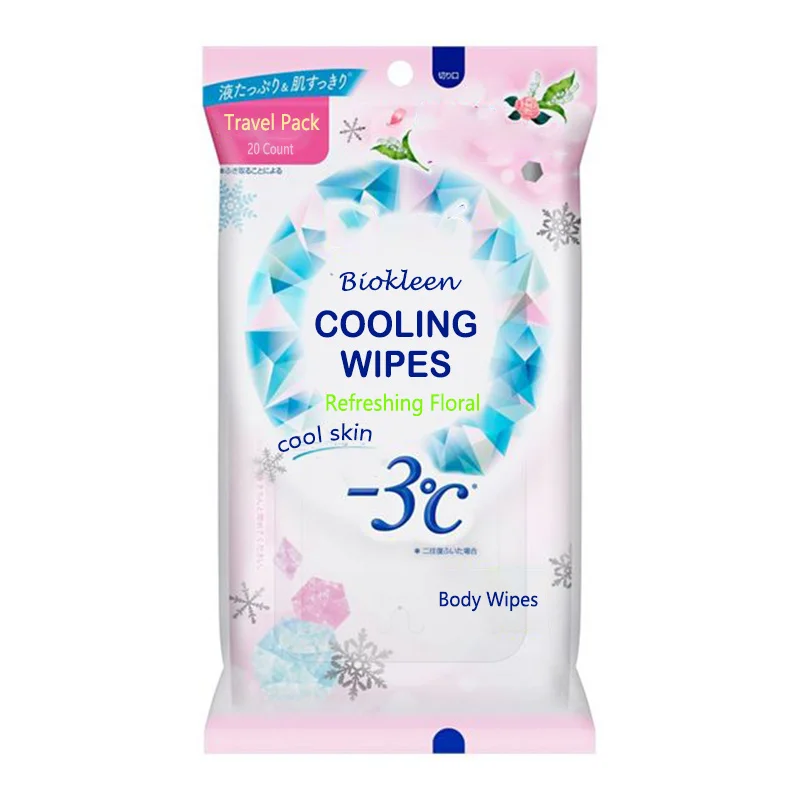 Biokleen OEM 20 Count Unscented Refreshing Floral Peach Soap Body Staying Comfortably Cool Wet Wipes Sweat Cooling Wipes