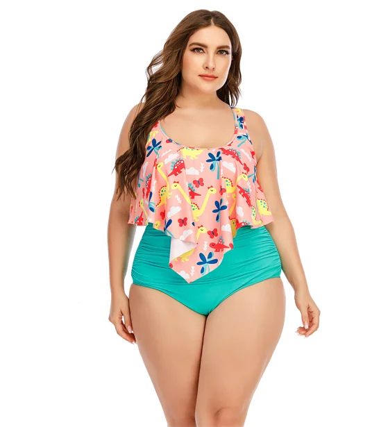 Custom Plus Size  Ruffle Animal Printed Swim Top Green Bottom Ladies Swimwear Sexy Beach Bikini