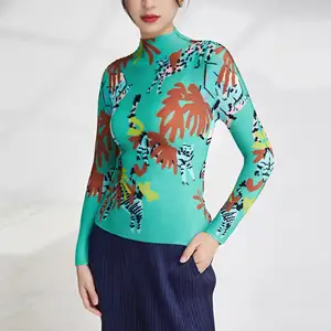 Miyake Summer Daily Use Casual Shirts Newest Fashion Printed Graffiti Long Sleeve Tops Women Stretch Pleated Fabric T-shirts