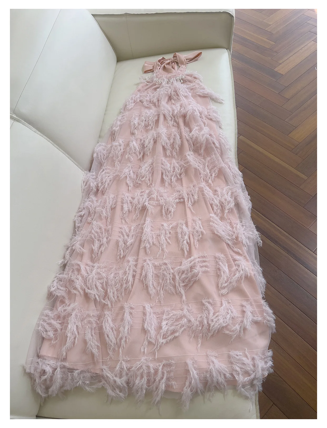 AELESEEN Fashion Tassels Pearl Dress Women's Round Neck Feathers Sleeveless Halter High Waist Dresses 2025 Summer New Party
