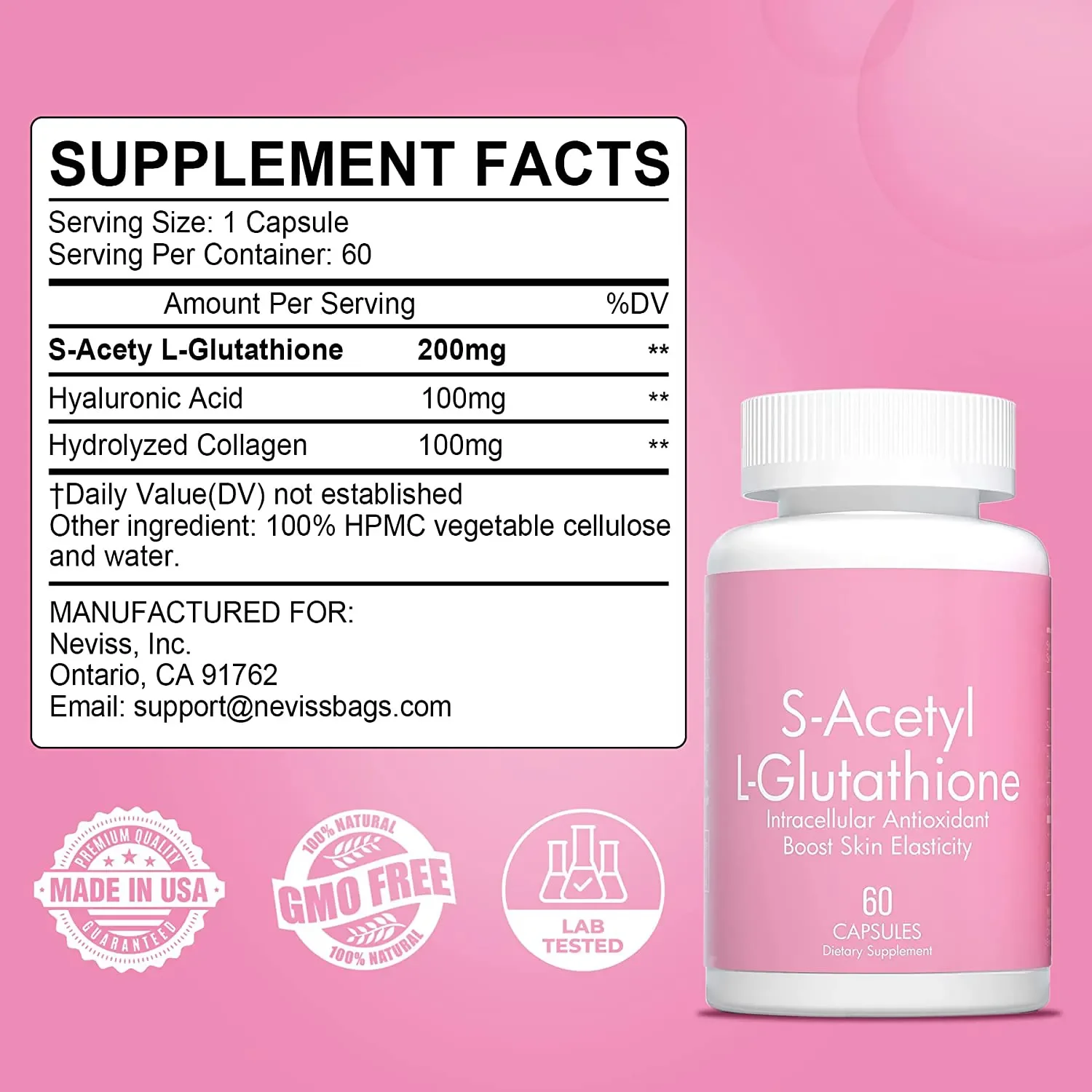 S-Acetyl L-glutathione Capsules Glutathione Supplement Hyaluronic Acid Collagen Support Skin Hydration Brighten Liver Detox factory