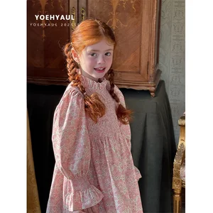 YOEHYAUL 25022 100% Cotton Child Baby Girl Floral Dress Long Sleeve Kid Smocked Dresses for Girls Pink Elegant Dress for Toddler