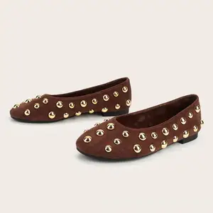 BUSY GIRL CXX247 Dark Brown French Retro Ballet Shoes for Women Metal Rivets All-match Slip-on Shoes Flat Soles All-match