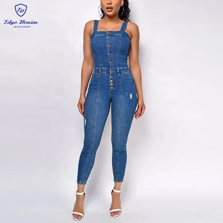 Luxury Overall Jump Suit Women Stretch Plus Size Blue Denim