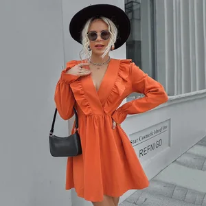 Clothing Manufacturer Women's Fashion Dresses Woven Long-sleeved V-neck Solid Color Ladies' Casual Dresses