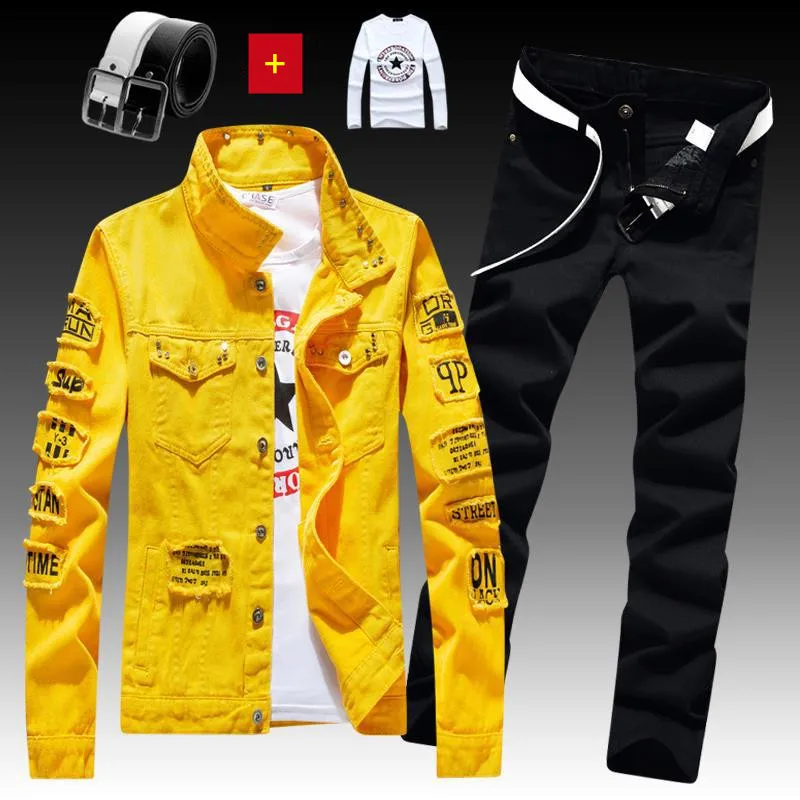 Men's Patch Jeans Two Piece Sets For Stretch Denim Jacket Ripped Hole ...