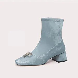 Lily Wei Women's Boots Luxury Style Stretch Fabric Comfortable Insole for Daily Wear  Custom Fashion Square Toe Boots