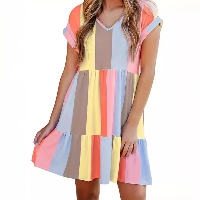 2024 Summer Trendy Casual V-Neck Dress Multi-Color Stripes Contrasting Digital Printed Design Sweet Natural ODM OEM Various