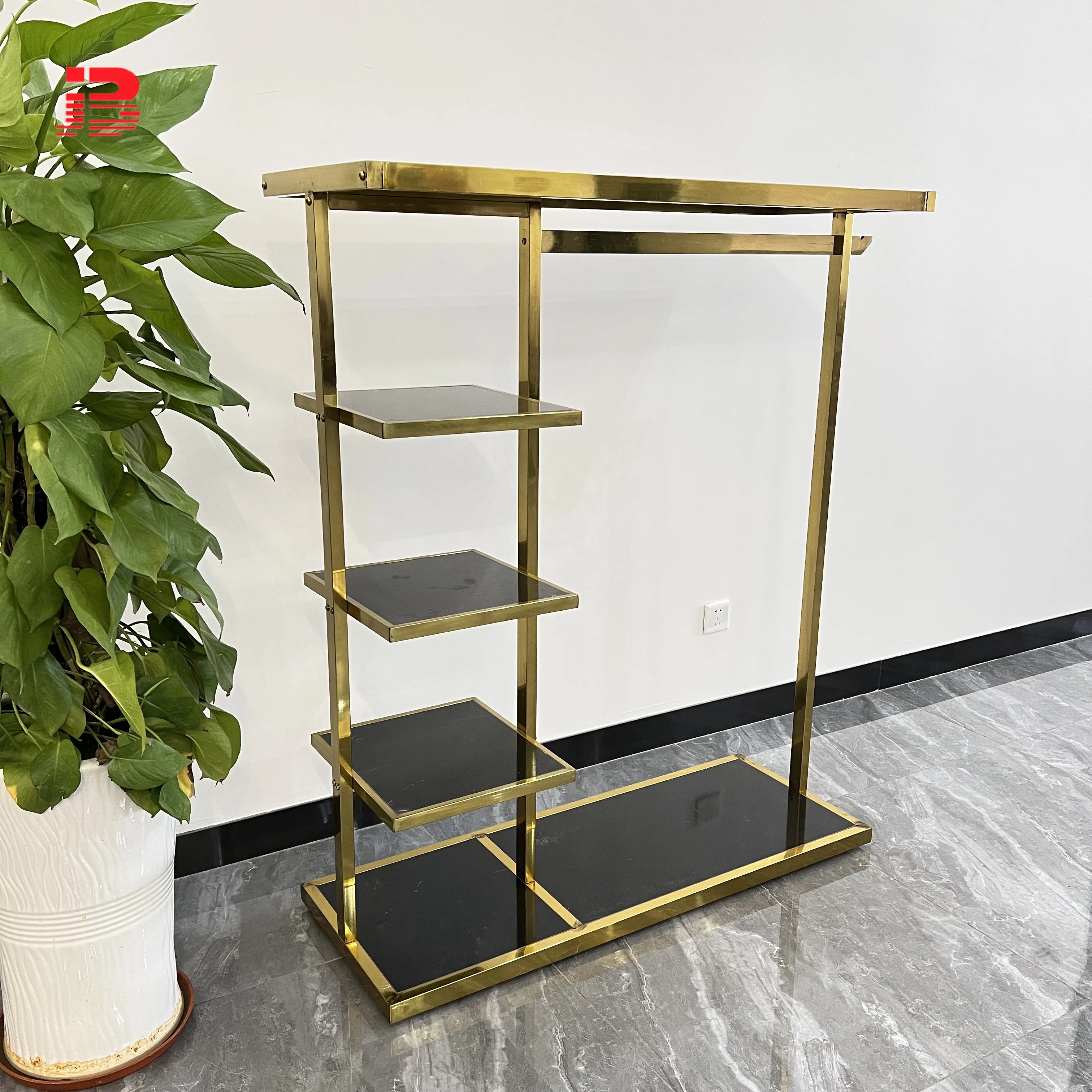 Garment Shelf Cloth Display Stands Stainless Steel Gold Metal Clothing Rack For Store supplier