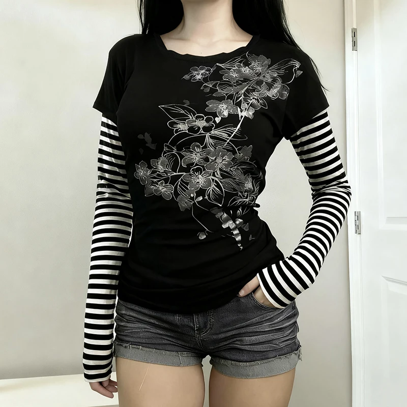 Y2K Style Mock Layered Striped Long Sleeve T-Shirt Women Printed