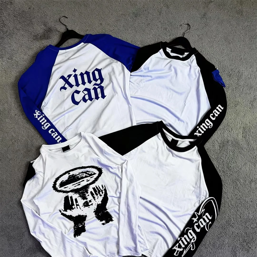 Fabriek groothandel vintage kontras raglan langmou-borsie vir mans met goetiese letterdruk, baseball-borsie vir straatdrag, raglan-borsie