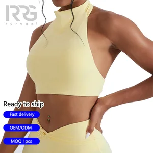 Roregal High Neck Halter Shock-Absorbing Sports Bra Top Open Back Design Workout Crop With Removable Pads