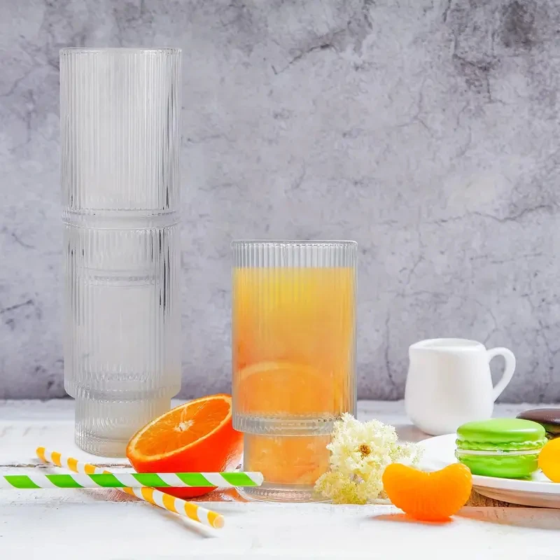 Vertical Stripes Transparent Glass Cup with Bamboo Lid and Straw 350ml Empty Glass Milk Tea Cup Cold Brew Coffee Glass Mug