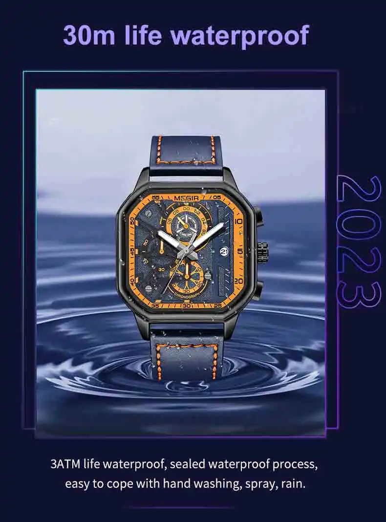 MEGIR 8106 Casual Leather Men's Watches Fashion Square Business Wristwatches Relojes Hombre Luminous Quartz Watches Custom LOGO