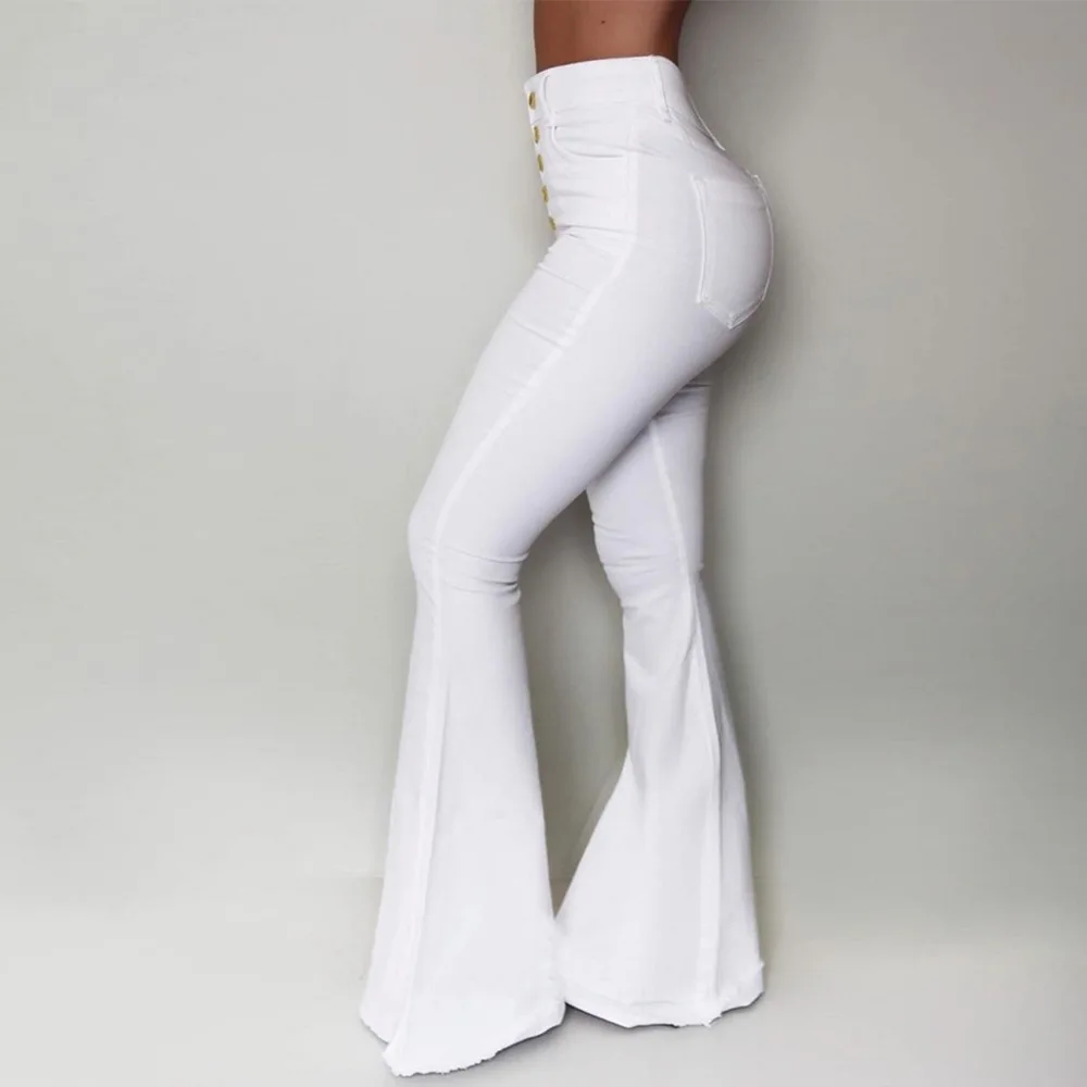 Sexy High Waist Flared Pant Lady Buttocks Bell Bottom Denim Jeans Button Fly Pant Women Denim Jeans Skinny Elastic Stacked Jeans
