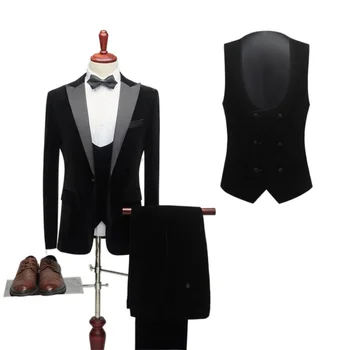 Bulk Turkey Clothing Blazer Black Colour Fashion Velvet Men Wedding Full Wear Suits For Grooms