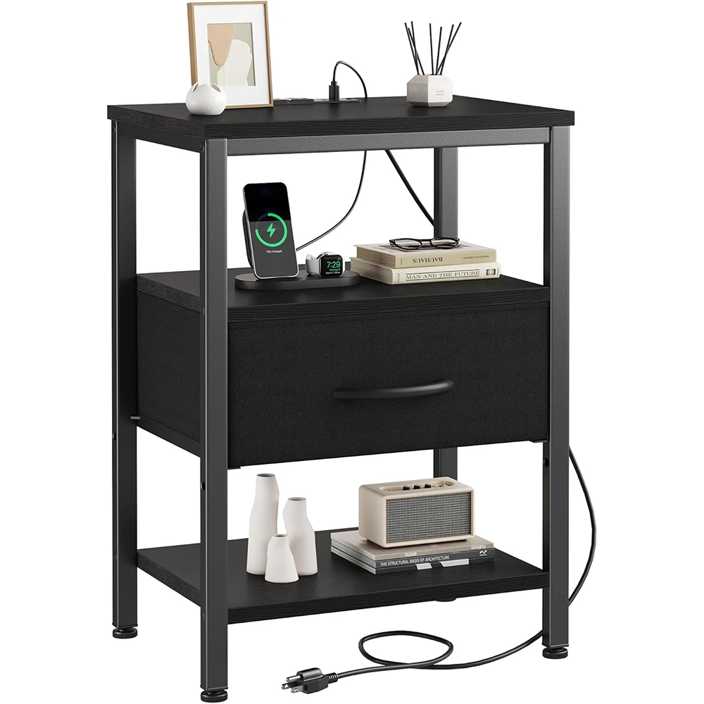 Modern Home Bedside Table Charging Station Adjustable Fabric Drawer Compact Nightstand 3-Tier Storage Organizer Bedroom Black