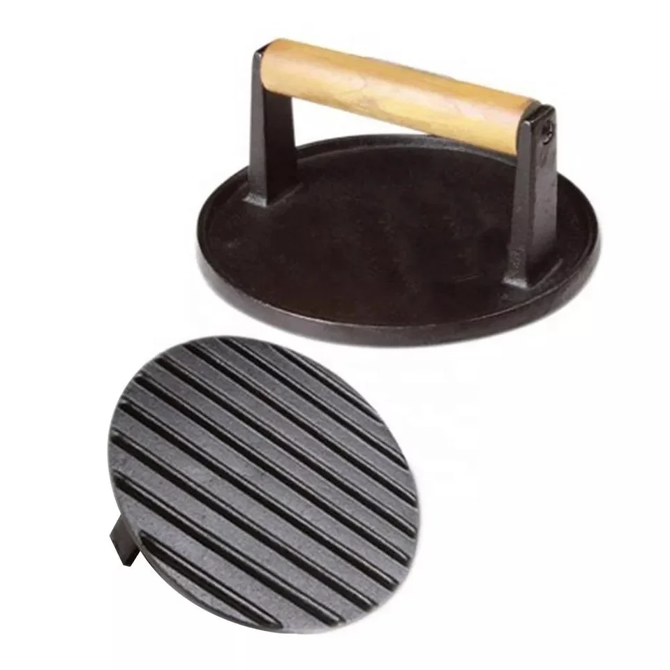 Round Cast Iron Burger Press Meat Grill Press With Wooden Handle Buy