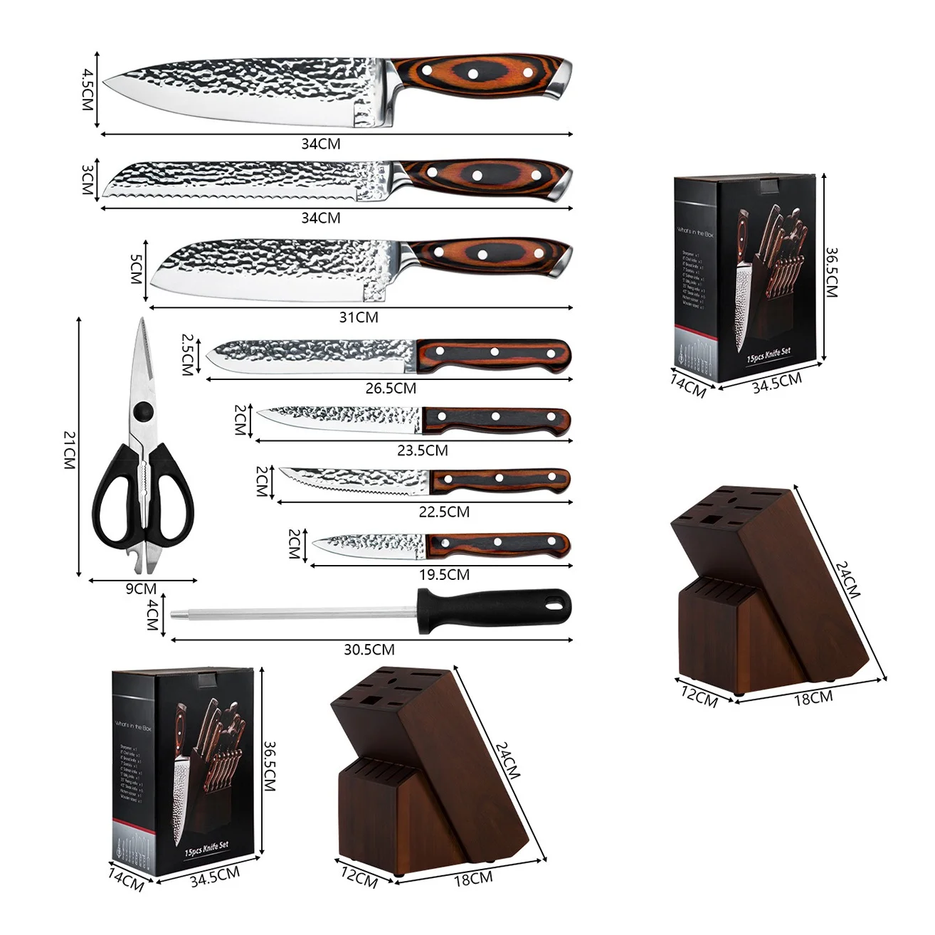CATHYLIN 15 Pcs Professional Chef Tool Set Metal Stainless Steel Kitchen Knife Set with Wood Handle Block Color Box for Kitchen