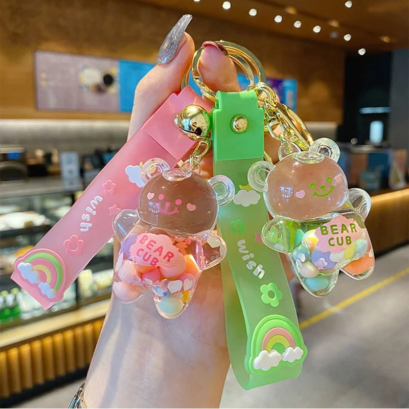Cute Key Decorations Creative New Liquid Oil Chubby Bear Quicksand Keychain Cute Floating Colorful Balloons Keyring Girl Bag Pen