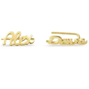 Custom name or English word casting 18k gold plated brass ear climber earrings for men women