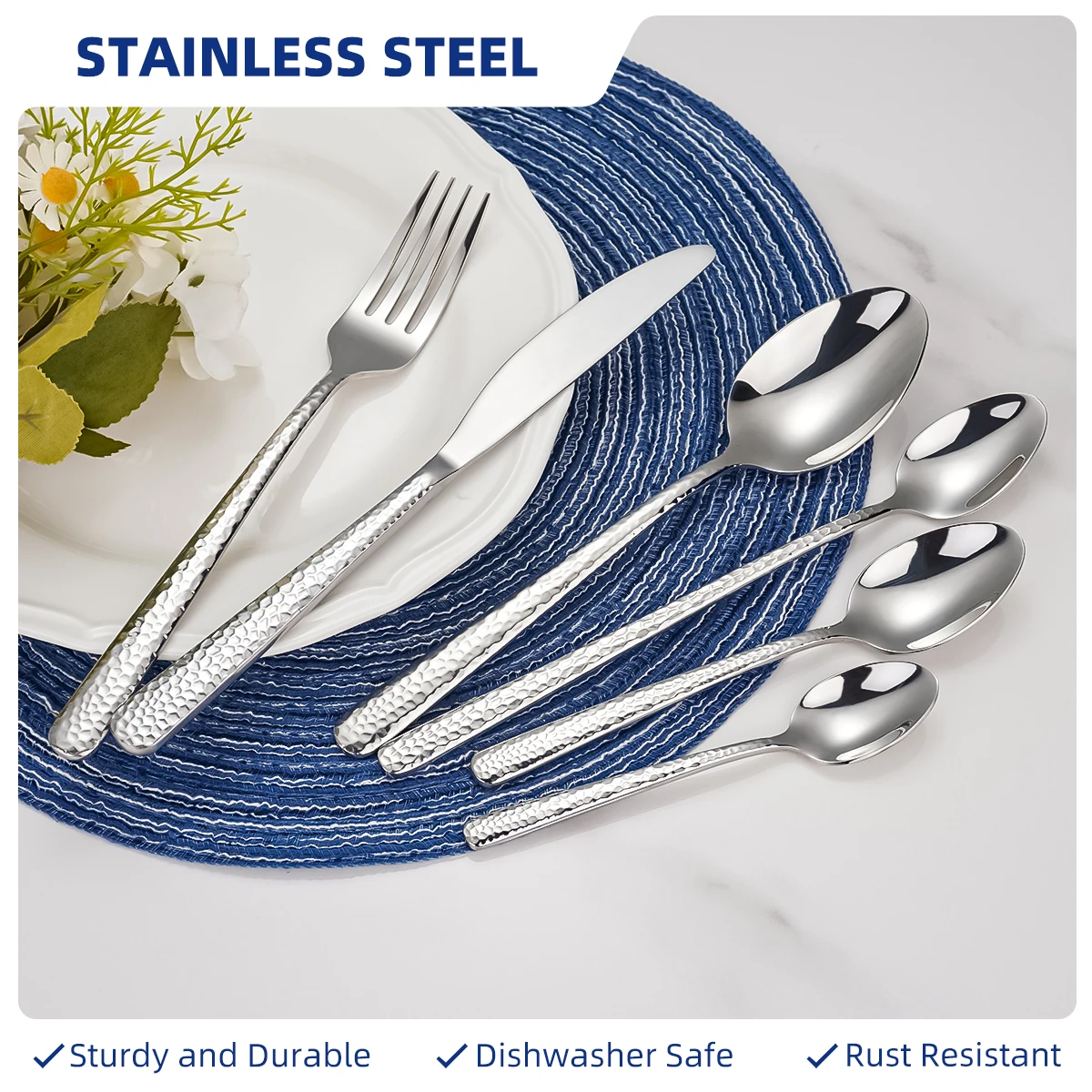 Middle East Silverware Restaurant Cutlery High Quality Stainless Steel Hammer 7/28/128 Pcs Spoon Fork Knife Silver Flatware Set