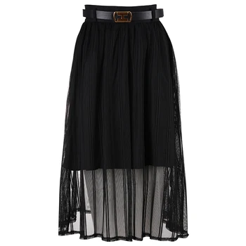 Women's Summer Fashion Casual Black Lace Dress High Waist Pleat Elegant Skirt Long Skirts Outer Net Decoration Pleated Style