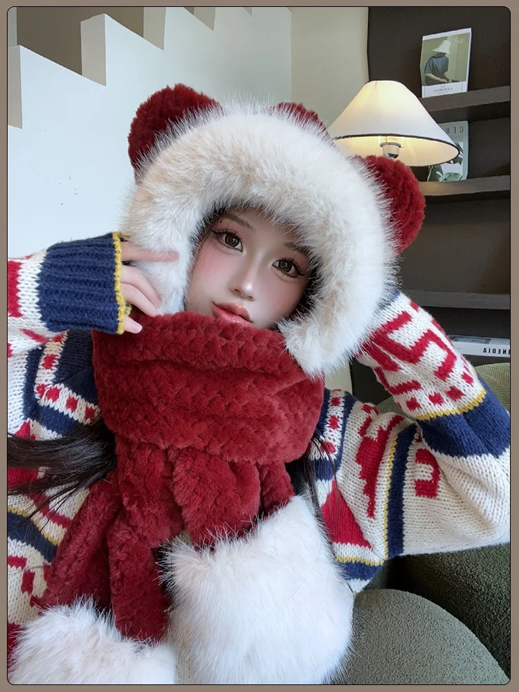 Women's Winter Cycling Gloves and Scarf Combo with Cute Bear Ear Velvet Faux Fur Warm Outdoor Protective Hat