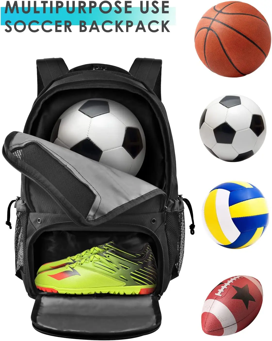 Sports Soccer Basketball Volleyball Football Backpack Ball Compartment USB Port Anti-Theft Zipper Closure Polyester Material