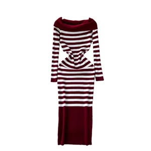 Customize Turn-down Collar Slim Knit Casual Striped Sustainable Breathable Washable Midi Dress for Women Empire