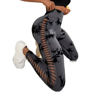 Seamless Fashion High Waist Long Leggings Yoga Tie Dye Side Hollow Lifting Peach Hip High Stretch Sports Leggings