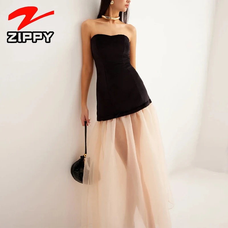 Customization European French-style Strapless Patchwork Silk Skirt Sexy Light Evening Gown Unique Mature Elegant Dress