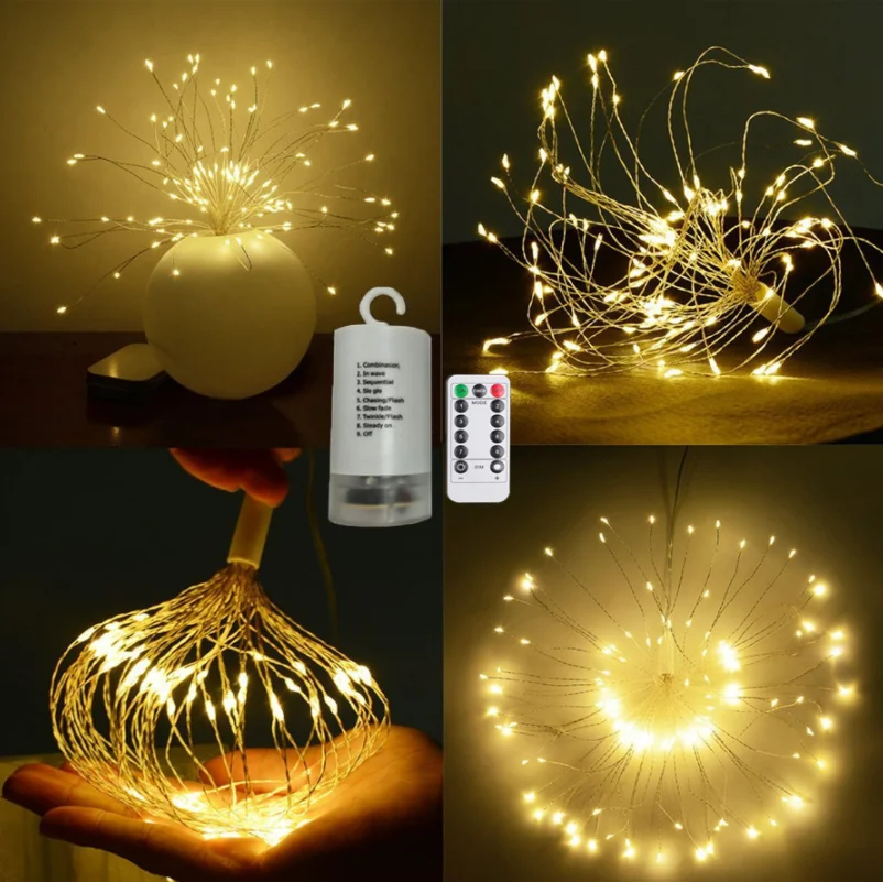 120L Cooper Wire Christmas Decoration Rechargeable Starburst Fireworks Outdoor Fairy String Light with Remote