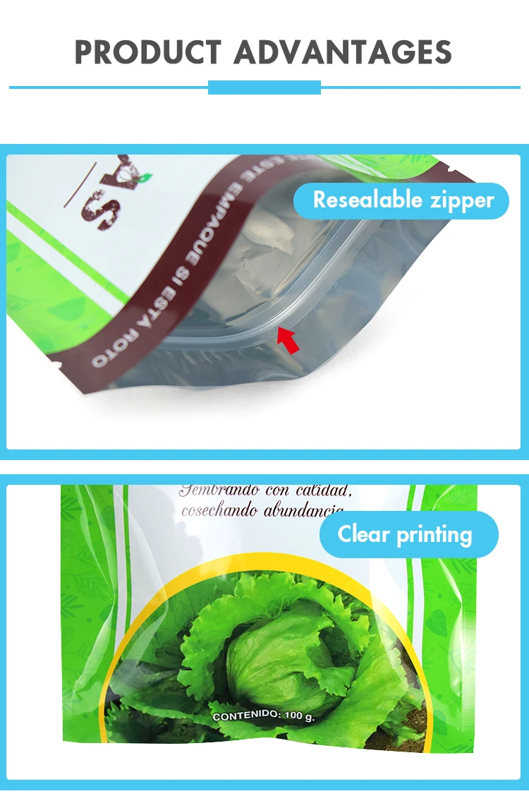 3 Side Sealing Vegetable Seeds Packaging Flat Ziplock Bag Custom Brand