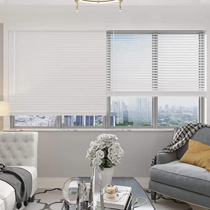 Non-Leaded PVC Slats Vinyl Horizontal Window Blinds White Cordless Faux-Wood Venetian Blind With Tilt Wand