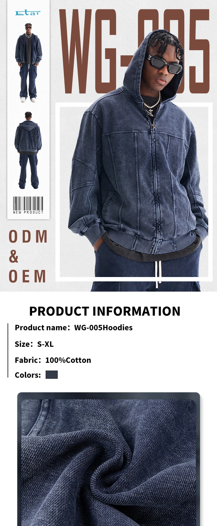 High Quality Heavyweight Zipper Wash Retro Hoody Custom Streetwear Full