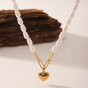 MW French Fashion Royal Style Stainless Steel 18K PVD Plated Paper Clip Chain Love Heart Pendant Pearl Necklace for Girls