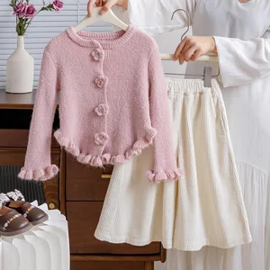 Autumn Spring Korean Style Solid Color 2pcs Sweater and Pants Set Casual Sweet Girls Clothes for Kids