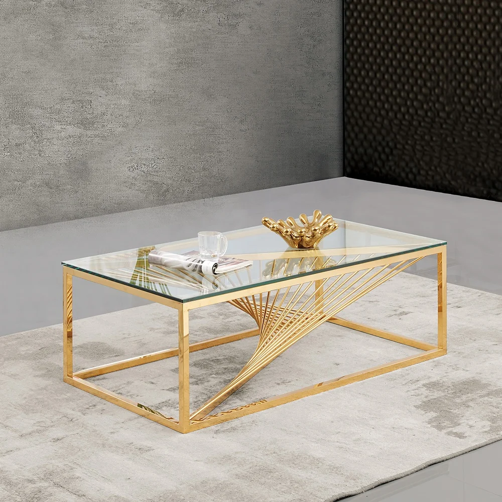 Simple Line Creative Design Living Room Center Tables Glass Top Gold Stainless Steel Base Commercial Wholesale Gold Coffee Table