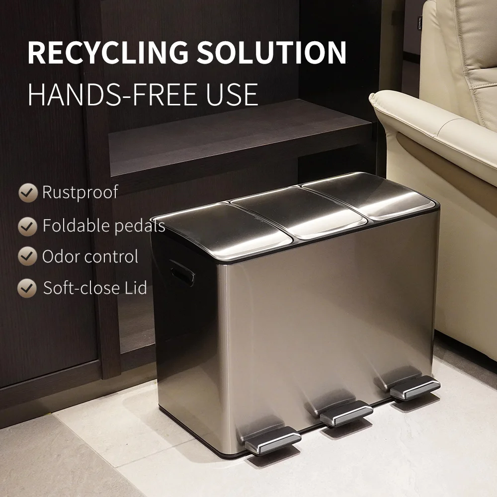 High Quality 45L 3*15L/3*3.9Gallon Triple Compartment Trash Can Stainless Steel Matte Recycle Pedal Bin With Foldable Pedals
