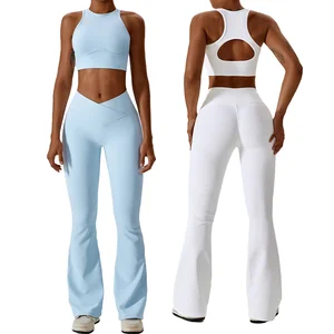 High Waist V Cut Scrunch Butt Flare Leggings Racerback Tank Top Set Solid Lightweight 2-Piece Sports Gym Fitness for Women