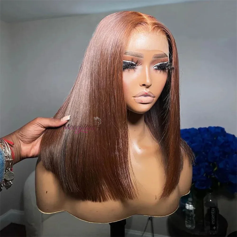 Chocolate Brown Short Bob Wig Human Hair 13x4 Lace Front Wig Brown Straight Short Bob Wigs For Woman Bleached Bob Wig_voghion.com