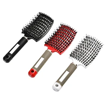 New Style Unique Handle Black Soft Hair Combs Salon Nylon Hair Styling Teasing Boar Bristle Brush Comb Paddle Brush For Woman